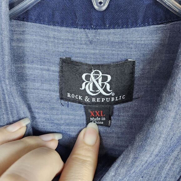 Rock & Republic Shirt Blue Two Tone Short Sleeve Button Up Size XL Front Pockets - Picture 6 of 8